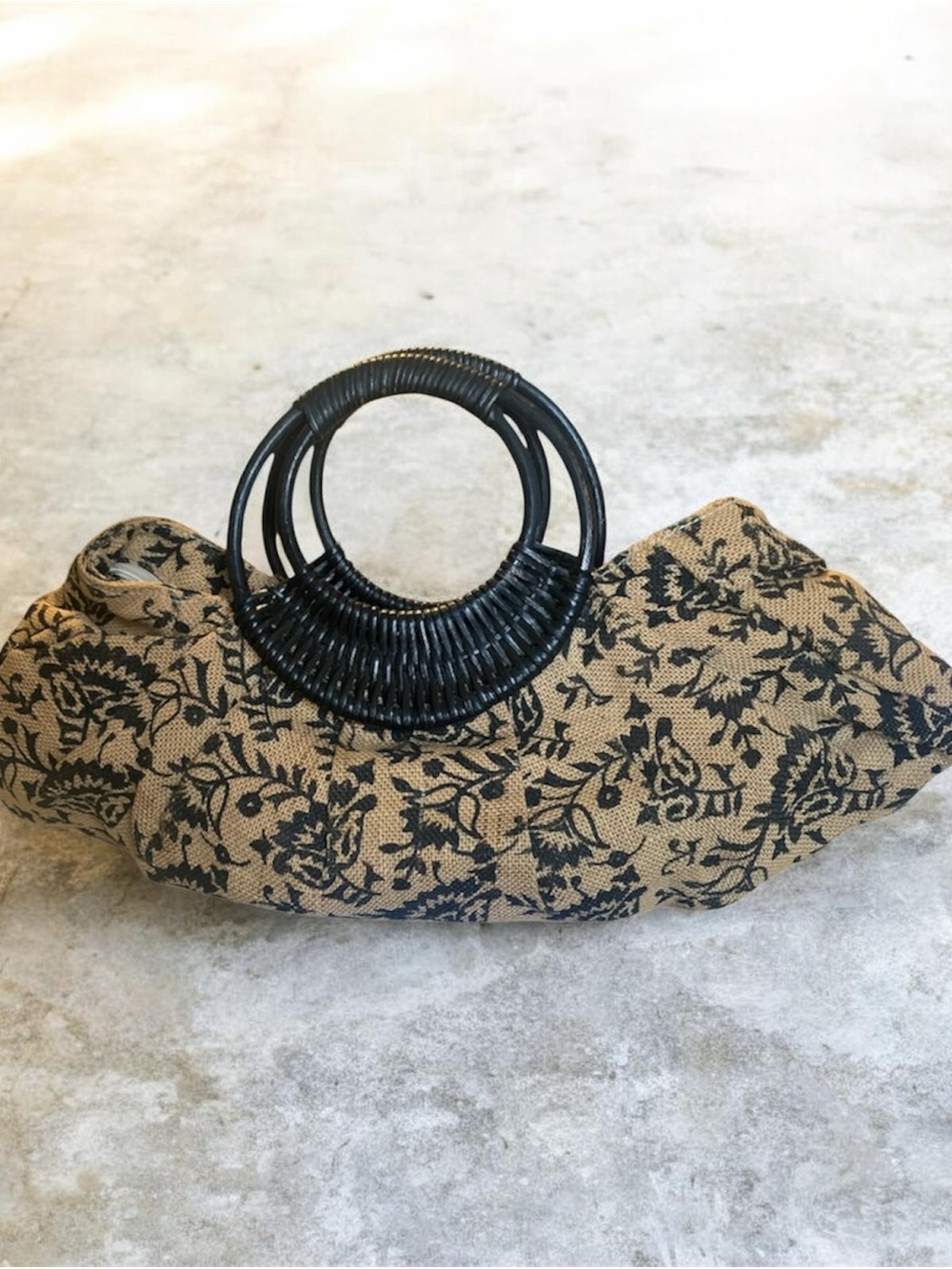 Vintage Black Floral Print Beige Clutch with Woven Round Handle